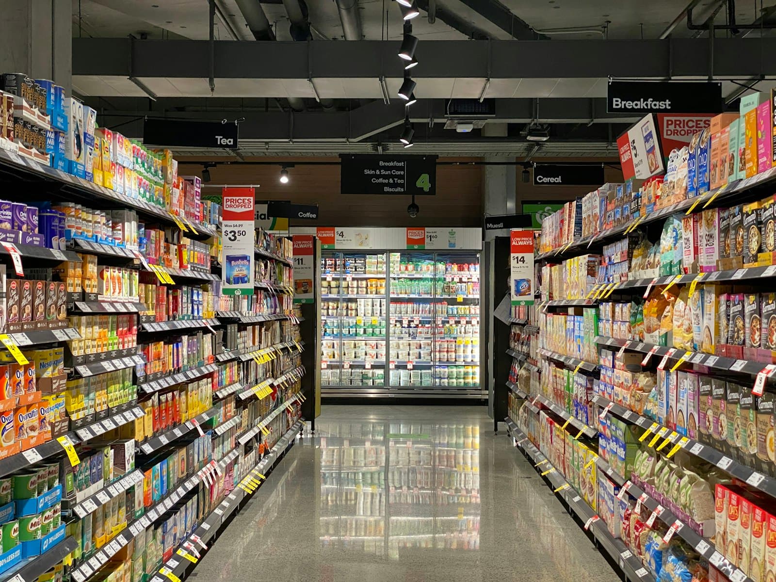 Supermarket aisle showing commercial retail fit-out