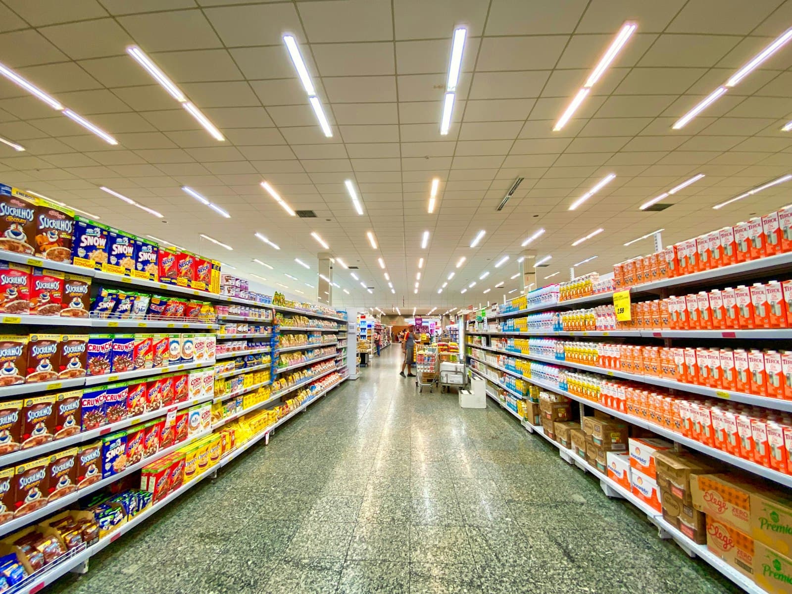 Supermarket interior with suspended grid ceiling system